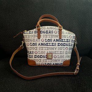 Dooney & Bourke Dodgers Charli Satchel. White, blue, grey. Brown accents. NWT